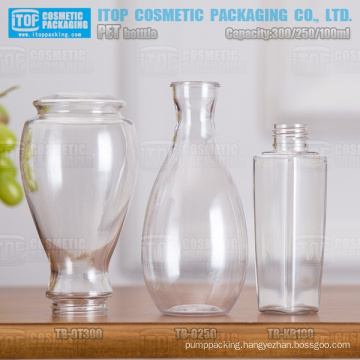 100ml 250ml 300ml special design single layer hard good quality color injection unique plastic clear pet bottle